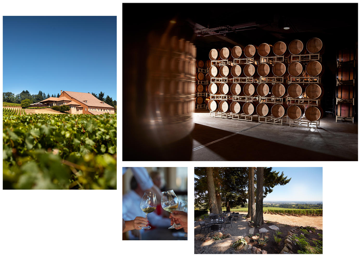 Collage of photos of barrels, tasting room, wine glasses